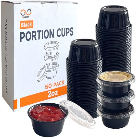 SUCITY 2oz Black Condiment Cups with Lids, (50 Pack) Jello Shot Cups, Dipping Sauce Cups, Portion Containers with Lids Ideal for Sauces