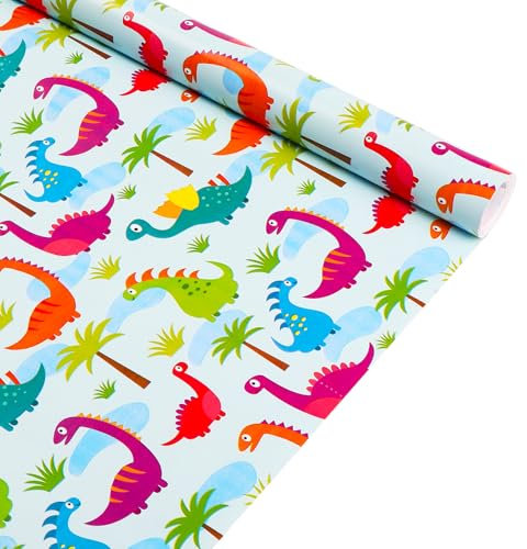 HBell Dinosaurier-Geschenkpapierrolle, 43 cm x 15 m, Dinosaurier-Geschenkpapier, Kinder-Geschenkpapierrollen, Jungen, Dinosaurier-Geschenkpapier, Dino-Geschenkpapier mit Schnittlinie auf der