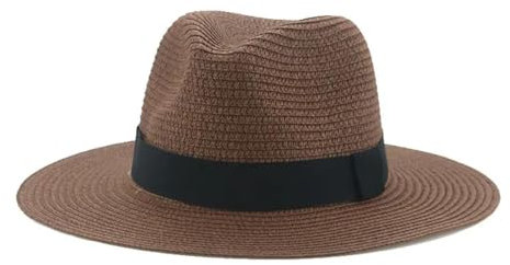 FULUJIDI Fedora Trilby Sombrero De Paja De Panamá con Cinta Negra Aleros Planos Sombrilla para Exteriores Sombreros De Playa para Mujer 15