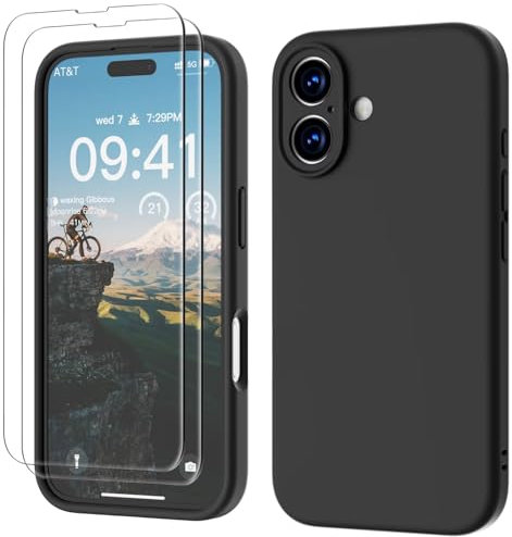 GOODVISH 3 IN 1 for iPhone 16 Case 6.1 inch, Upgraded Camera Protection, 2X HD Screen Protector, Liquid Silicone Anti-Scratch Shockproof Gel Rubber Anti-Fingerprint Phone Case Cover, Black
