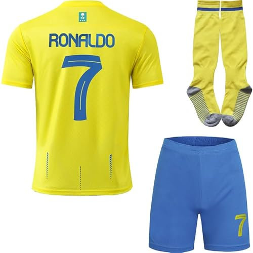 metekoc NASSR Riyadh Al #7 Heim 2023/2024 Football Fußball Kinder Trikot Shorts/Socken Geschenk Set Jugendgrößen (Gelb,30)