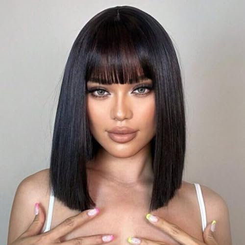 PARXITN Kurze Bob Schwarz Haar Perücken Gerade mit Flach Pony 12 zoll/30 cm Synthetische Bunte Cosplay Tägliche Party Perücke für Frauen