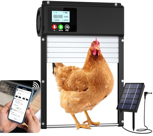 Porte de poulailler automatique avec télécommande WiFi - Fonctionne à l'énergie solaire - Avec minuterie et capteur de lumière - Écran LCD - Porte en aluminium - Design anti-pincement