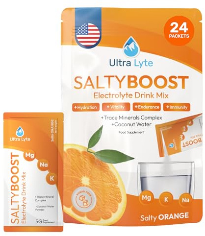 Ultra Lyte Electrolytes Drink Mix Sachets - Sugar-Free Electrolytes Powder with High Sodium, Trace Minerals and Coconut Water - Rehydration for Fitness (24 Sachets, Salty Orange)