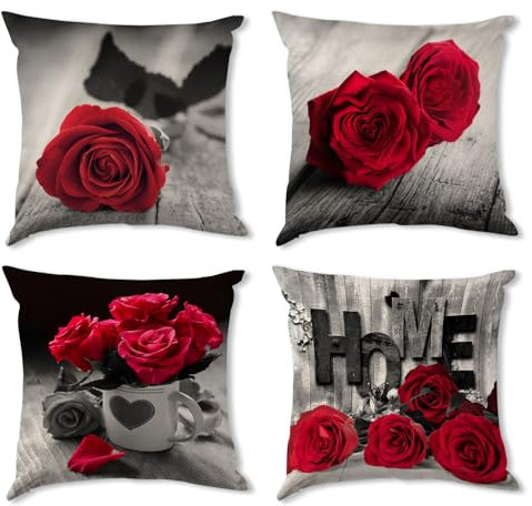 AREBOLO Red Floral Cushion Covers 45 x 45cm Red Rose Modern Decorative Velvet Throw Pillow Cover Decor Double Sided Pattern Pillowcases for Sofa Women Bedroom 4 Piece Outdoor Patio Cushion Cases