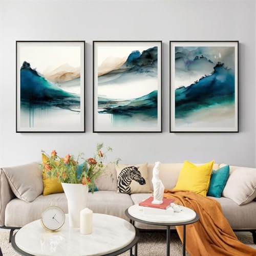 WBYZAC Set Von 3-Bunte Aquarell Wand Kunst Leinwand Malerei Petrol Bunte Wand Poster Abstrakte Wohnzimmer Küche Büro Schlafzimmer Dekor Teal Wand Art-50x70Cm Kein Rahmen