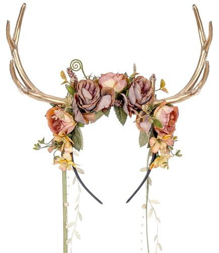 MOSTORY Woodland Flower Antlers Stirnband - Fee Rentier Kopfschmuck mit Reben für Wald Renaissance Kostüm Damen, Floral Hirsch Geweih Stirnband für Renfaire Zubehör Cosplay Halloween