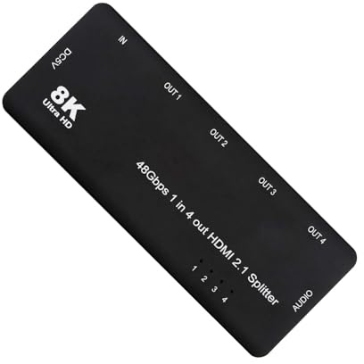 Xiwai HDMI-Splitter, 1-IN-4-OUT, 8K 60 Hz, Ultra-HD-Konverterbox, kompatibel mit 2.1-Switch, 1-IN-4-OUT, 48 Gbit/s, UHD-Hub-Unterstützung, Spiegel, HDCP SST, erweitert, 4K@120 Hz, 3,5 mm Audio