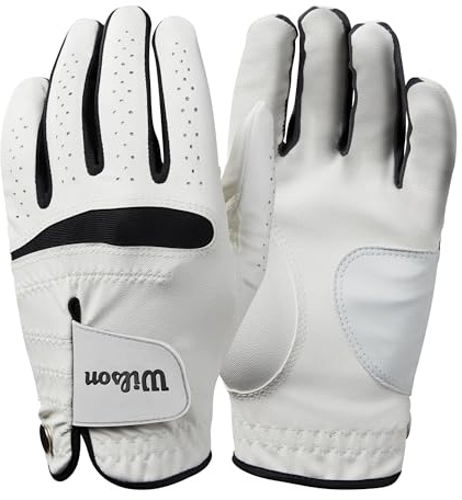 WILSON Feel Plus Gant de Golf pour Homme, Fabriqué en Cuir Premium, Adhérene Améliorée et Un Contrôle Efficace de la Transpiration, Couleur : Blanc/Noir, Taille : M (Main Droite)