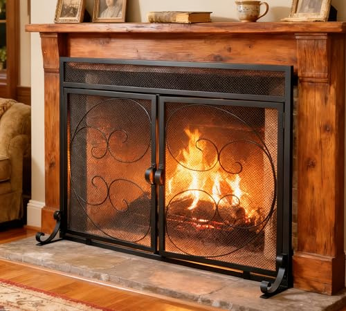 Fire Beauty Wrought Iron Fireplace Screen with Magnetic Double Doors Black | Stable Adjustable Support Legs, Hidden Piano Hinge Design, Safety Spark Guard for Household Fireplace