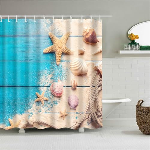Duschvorhang W300cm x L200cm Muschel Seestern Duschrollo Anti-Schimmel Wasserdicht Duschvorhänge 3D Vorhang Waschbar,Schnell Trocknend Textil Polyester,Lange Badezimmer Gardinen mit Haken M-2829