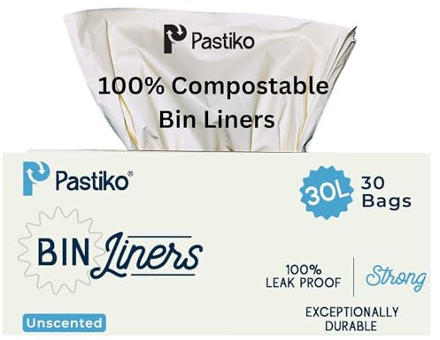 Pastiko 100% Compostable Bin Bags 30L Bin Liners Extra Thick Durable Tear-Resistant Leak Proof Garbage Bags Biodegradable Strong Bin Bags TUV Austria OK Home and Industrial Compostable