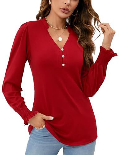 Rapbin Women's Long Sleeve Tops Fall Puff Tunic Tops Pleated V Neck T-Shirts Casual Loose Blouses with Smocked Cuffs Red L (UK 16-18)