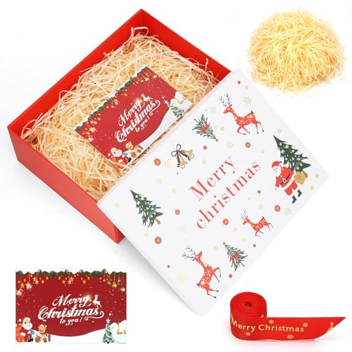 Weihnachtsgeschenkbox mit Deckel, wiederverwendbar mit Grußkarte & Raffia | Robust Und Faltbare,Dekorative Geschenkbox für Weihnachtsfeier,29X21X10.5cm (weiß)