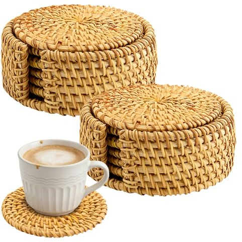 FUNSUEI 2 Set Handgeflochtene Rattan Untersetzer, 12 Getränkeuntersetzer mit 2 Haltern 10 cm Rund Tassenuntersetzer, Hellbraun Untersetzer für Tassen, Vasen