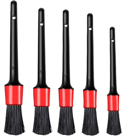 Car Detailing Brushes,5 Pieces Natural Boar Hair Automotive Detail Cleaning Brush Set with Plastic Handle for Cleaning Wheels,Tire, Interior, Exterior, Leather, Air Vents