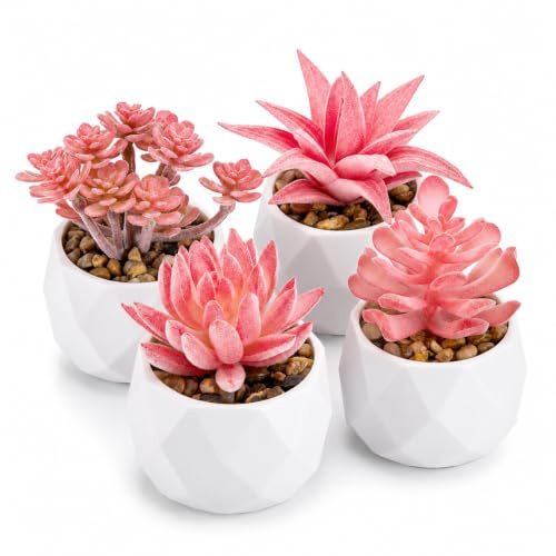 WSTELHH Set of 4 Mini Artificial Succulents, Faux Plants in Pots | Realistic mini succulent plants with white pots, ideal for bedroom, bathroom, shelf, office desk and aesthetic home decor
