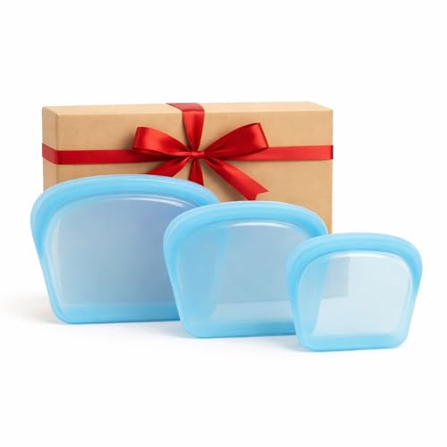 Reusable Silicone Freezer Bags Set of 3, BPA Free Leakproof Food Storage Bags, Microwave & Freezer Safe, with Gift Box & Ribbon, Colours Sent at Random