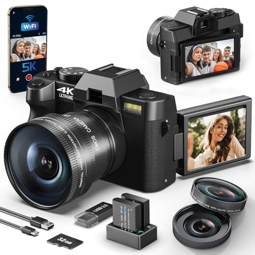 48MP Digital Camera for Photography and Video,4K Vlogging Camera for YouTube with 180° Flip Screen,16X Digital Zoom,52mm Wide Angle,Leather Hold & Strap, 2 Batteries, 32GB TF Card (Black)