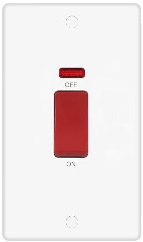 EVOGES Vector 45A Double Pole Switch with Neon – White Gloss Double Plate, Red Rocker Cooker/Shower/High-Load Appliance Isolator, Includes Fixing Screws & Screw Caps, UK Standard Wall Mount