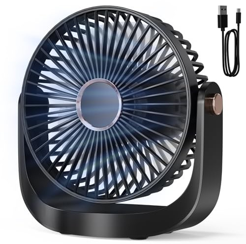 AICPAN Ventilador de Mesa Portátil Silencioso con Luz Nocturna, Recargable USB 3000mAh, 5 Velocidades, Ajustable 360° para Oficina y Dormitorio y Constituir,Negro