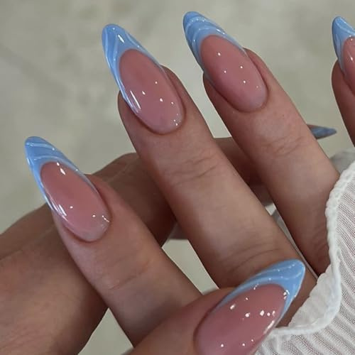 Blue Press On Nails - False Nails 3d Design - Blue French Tips With Vivid Ocean Wave - 30pcs Long Almond Fake Nail In 15 Sizes For Woman & Girls Summer Nail Art
