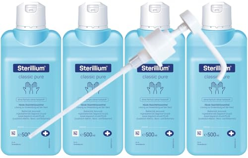 Sterillium Classic Pure Desinfektionsmittel für Hände, farbstofffrei und parfümfrei, hygienische Anwendung, 4 x 500 ml inkl. Dosierpumpe