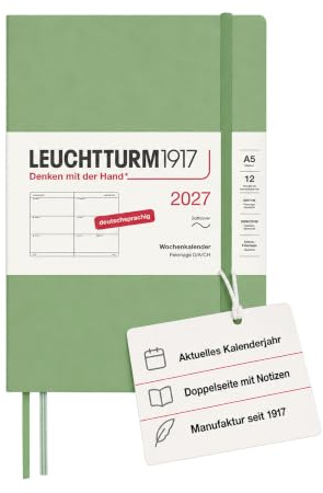 LEUCHTTURM1917 Wochenkalender 2027 Medium (A5) - Deutsch, Salbei, Softcover, 145 x 210 mm, 12 Monate - Januar-Dezember 2027, 1 Woche pro Doppelseite, 80 g/m² Papier mit hoher Tintenverträglichkeit | 1 Woche pro Doppelseite, 80 g/m² säurefrei, 144 Seiten, 2 Lesezeichen, Deutsche Ausgabe