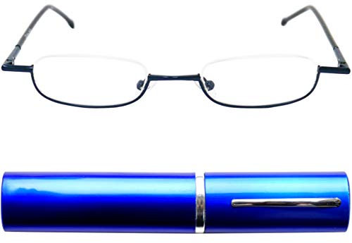 Schmale Metall Mini Halbbrille Lesebrille, Edelstahl Rahmen (Blau), mit Gratis Slim-Fit Alu Etui, Lesehilfe Damen und Herren +1.0 Dioptrien