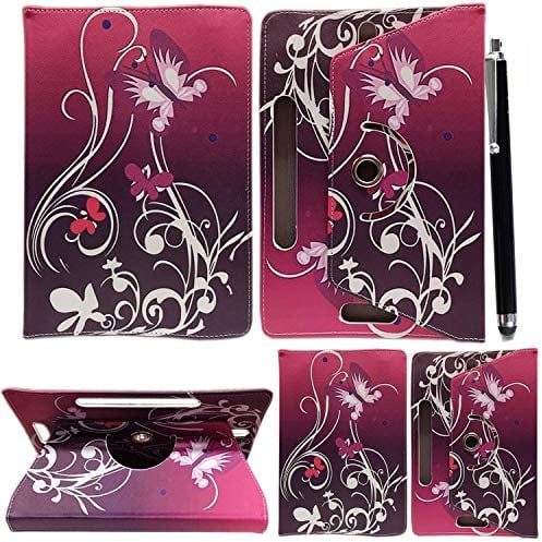 10inch Tablet Case Cover - Universal Leather Stand Case Folio Cover Magic Leather 360° Rotating Case Fits to ALL 10 & 10.1 Inch Tablets + Stylus Pen (BUTTERFLY PURPLE)