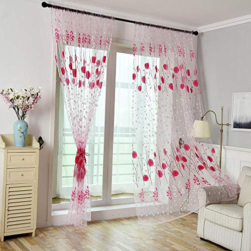 Tonsee Transparent Voile Gardinen Mode Blumen Gedruckt Durchsichtig Vorhänge mit Ösen für Wohnzimmer Schals Schlafzimmer Vorhänge Kinderzimmer Dekoschals Für Große Fenster 1 PCS,200cm x 100cm (Rosa)