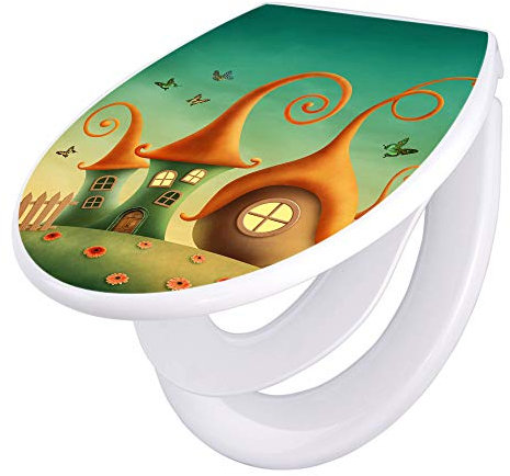 banjado Familien WC Sitz mit Absenkautomatik 44,5x37cm / Klodeckel/Klobrille mit Kindersitz aus hochwertigem Polypropylen/Toilettensitz Kindersitz integriert Motiv Zwergenhausen