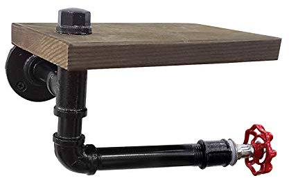 Support de papier toilette rustique industriel avec étagère en bois et tuyau en fonte pour salle de bain avec robinet rouge