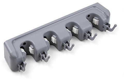 EMUCA - Colgador de escobas y fregonas, Escobero Pared, Organizador escobas y fregonas, 4 Huecos y 5 Ganchos, plástico, Gris