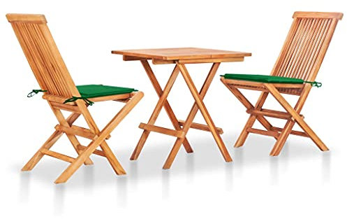 vidaXL Teak Massiv Bistroset 3-TLG. mit Grünen Kissen Klappbar Gartenset Balkonset Gartenmöbel Balkonmöbel Sitzgruppe Klapptisch Klappstuhl