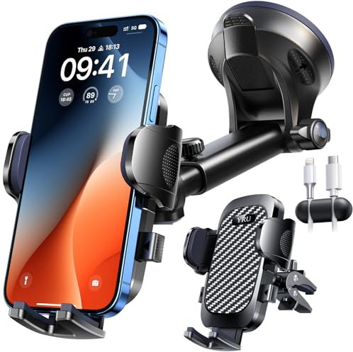 YRU 2025 Ultimate Car Phone Holder 90+LBS Strongest Suction & Military-Grade【Patent & Safety Certs】 Dash Window Vent Cradle Van Automobile Accessories for iPhone 16 Pro Max 15 14 Samsung, Jet Black