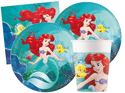 Isola Party Ariel Kit festa di compleanno per 16 persone ecologico (16 piatti di cartone ⌀ 23 cm, 16 bicchieri di carta 266 ml, 20 tovaglioli di carta 33 x 33 cm)
