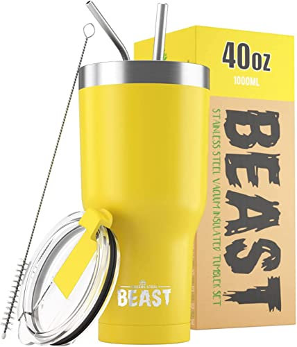 Beast Thermobecher 1050 ml - Zitrone I Mehrweg Thermo Kaffeebecher To Go mit 2 Strohhalmen & Reinigungsbürste I Doppelwandiger Trinkbecher aus Edelstahl I Perfekt für Kaffee oder Eiskaffee I BPA-frei
