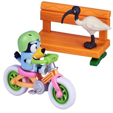 Bluey Fahrrad-Spielset; Offizielle 6,3–7,6 cm große Actionfigur zum Sammeln, inklusive Bluey's Bike, Helm, Bank und Bin Chicken Zubehör
