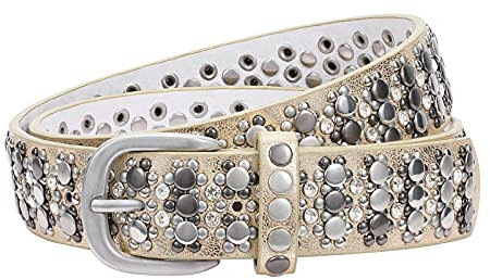 JasGood Damen Nieten Gürtel Funkelnden Strass Nieten Western Ledergürtel für Jeans Hosen,Gold,125cm(Passt Taille 91-105cm)