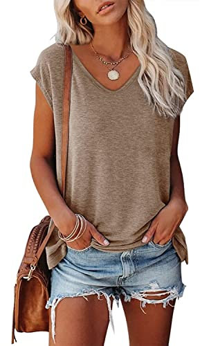 FANGJIN Damen Solid Kurzarm T Shirt Casual Pullover Oberteile Sommer T-Shirts Elegant Khaki Mittel M