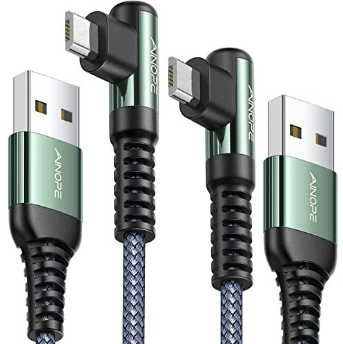 AINOPE 2er-Pack Micro USB Kabel (1m+1m), 90° Winkelstecker, Nylon Geflochten, Robustes SR-Design, Schnellladen & Datenübertragung mit 480 Mbps, Android Ladekabel Kompatibel mit Samsung, Huawei, PS4