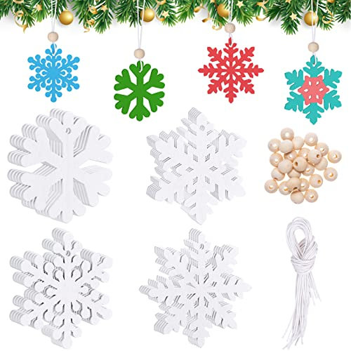 Kiiwah 20 Stück Weiße Holz Schneeflocken Anhänger Weihnachtliche Schneeflocken Dekoration mit Lanyard für Partys Christbaumschmuck und Basteln