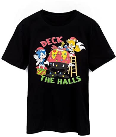 Sonic The Hedgehog Mens Christmas T-Shirt | Deck The Halls Short Sleeve Seasonal Graphic Tee for Adults | Sonic Tails Doctor Eggman Black Short-Sleeve Xmas Top for Men | Merchandise Gift for Him