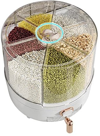 Dispensador de arroz, dispensador de arroz redondo de 6 rejillas con tapa extraíble, contenedor de almacenamiento de arroz transparente giratorio de 360°, contenedor de almacenamiento de granos