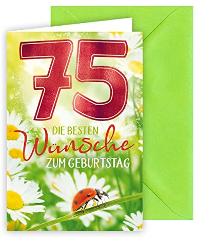 KE - 75. Geburtstagskarte, Premium Qualität mit Umschlag, DIN B6, Jubiläumskarte für besondere Anlässe, Motiv: Marienkäfer
