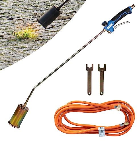 Z.M.C Quemador de malas hierbas, temperatura de llama de 1850 °C, diámetro de combustión de 60 mm, incluye manguera de 5 metros, conexión 2 x 3/8 pulgadas, con 2 llaves de bloqueo, 90 cm de longitud