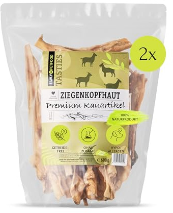 FAVLY Ziegenkopfhaut 2x600g für Hunde, Kauartikel hypoallergen | Luftgetrockneter Naturkausnack ohne Zusätze, für Allergiker geeignet, unterstützt die Zahnreinigung, aus Deutschland