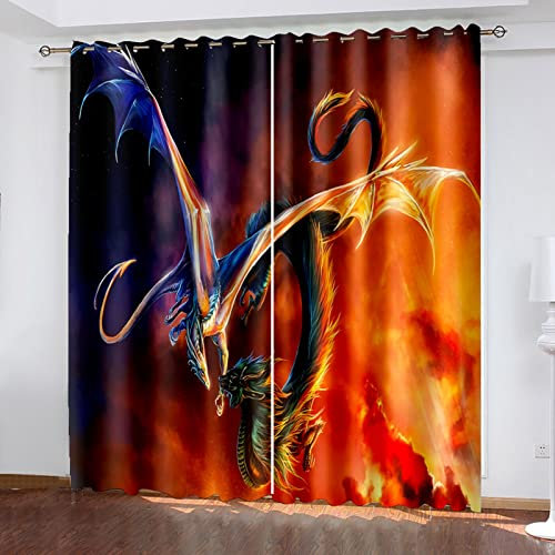 Vorhänge Kinderzimmer Blickdicht 3D Flammender Tierischer Drache Dekor Schlafzimmer 220x210 Cm Vorhang Ösenschal Verdunkelungsvorhang, Verdunkelungs Vorhänge Kinder , Digitaldruck Gardinen Wohnzimme