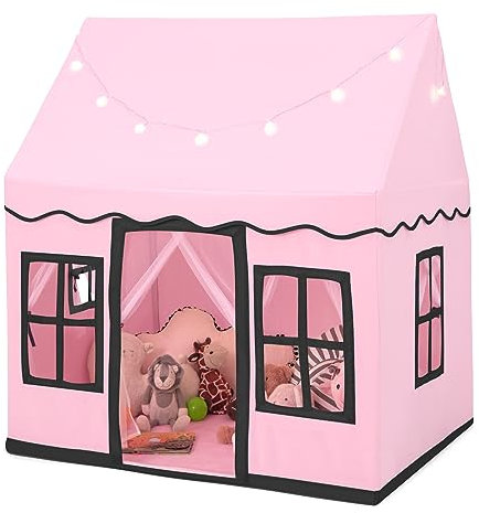 COSTWAY Kids Play Tent, Indoor Large Playhouse with Star Lights, Non-slip Mat and Windows, Castle Fairy Tents for Children Boys & Girls Gift (Pink+Black)